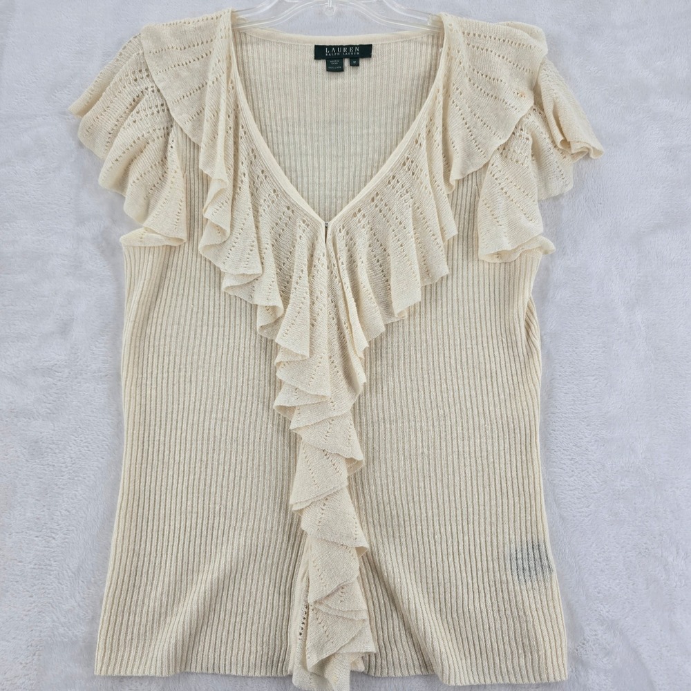 Lauren Ralph Lauren Top Womens M Shirt Cream Ruffle V-Neck 100% Linen Ribbed A2 - Picture 1 of 7